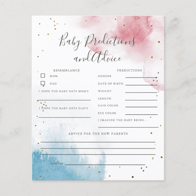 Watercolor Gender Reveal Baby Predictions Game (Front)