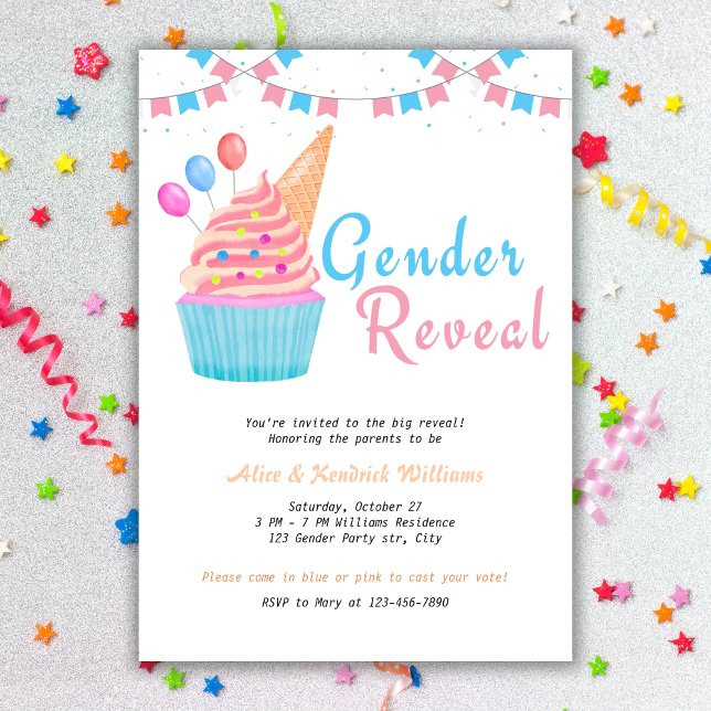 Watercolor Gender Reveal Party Blue Pink Cupcake  Invitation (Creator Uploaded)