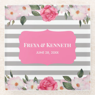 Watercolor Gentle Pink White Roses Floral Wedding Glass Coaster
