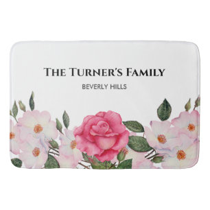 Watercolor Gentle Pink White Roses Illustration Bath Mat