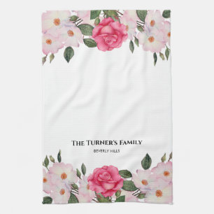 Watercolor Gentle Pink White Roses Illustration Tea Towel