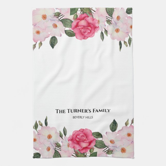 Watercolor Gentle Pink White Roses Illustration Tea Towel (Vertical)