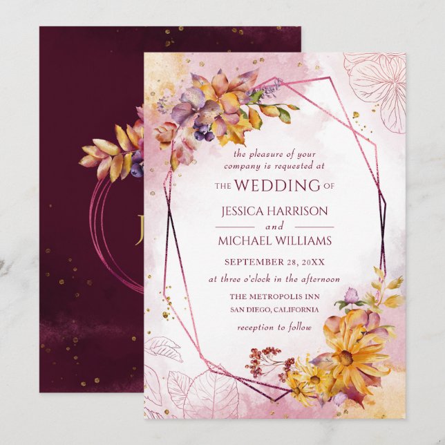 Watercolor Geometric Burgundy Floral Fall Wedding Invitation (Front/Back)