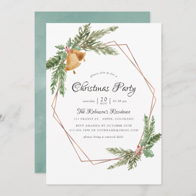 Watercolor Geometric Christmas Party Invitation (Front/Back)