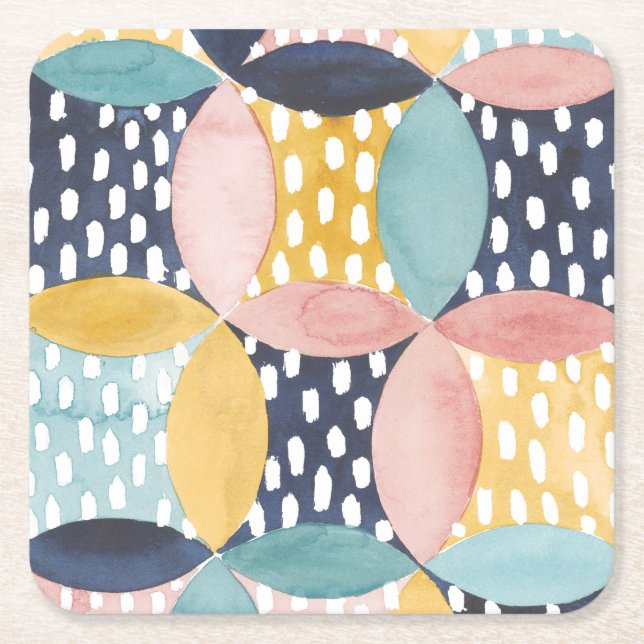 Watercolor Geometric Circles Square Paper Coaster (Front)