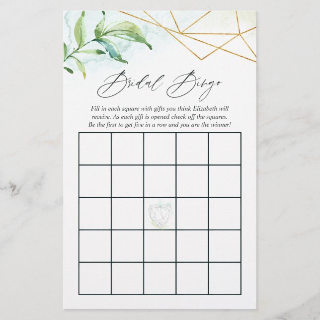 Watercolor Geometric Crystal Bridal Shower Bingo (Front)