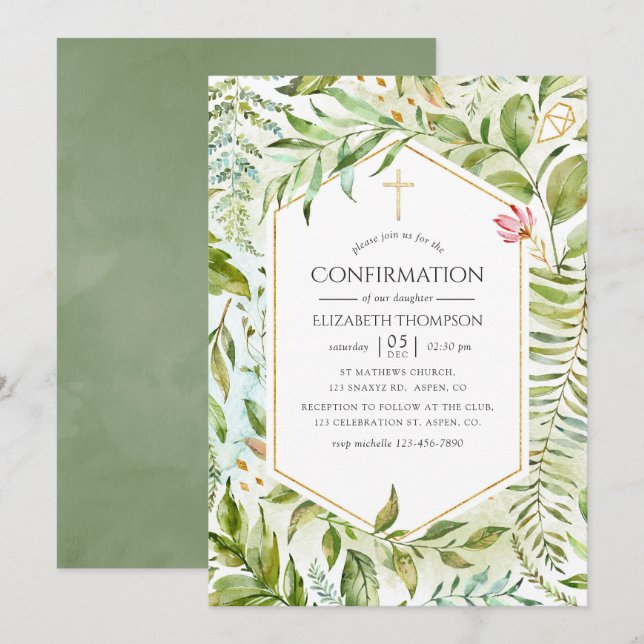 Watercolor Geometric Crystal Greenery Confirmation Invitation (Front/Back)