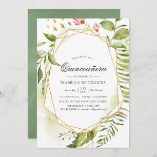 Watercolor Geometric Crystal Greenery Quinceañera Invitation