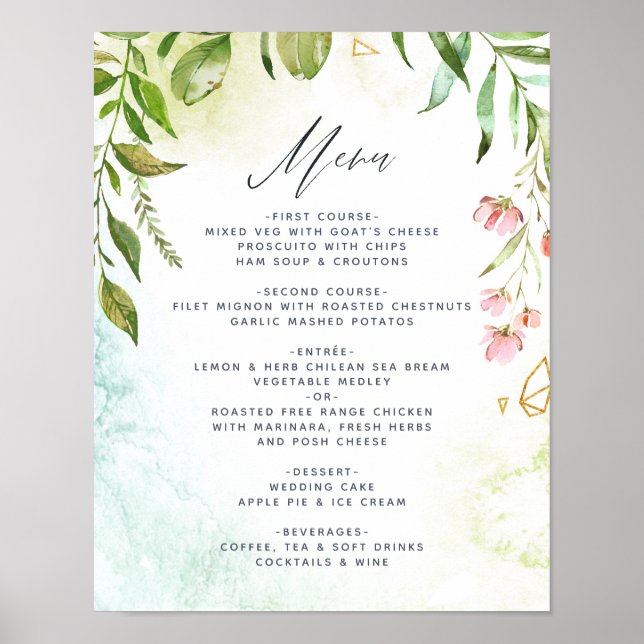 Watercolor Geometric Crystal Greenery Wedding Menu Poster (Front)