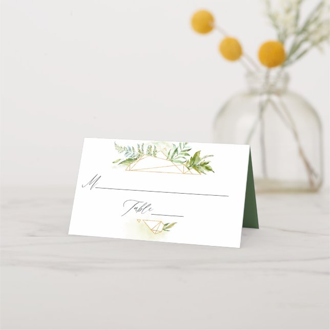 Watercolor Geometric Crystal Greenery Wedding Place Card (Front)