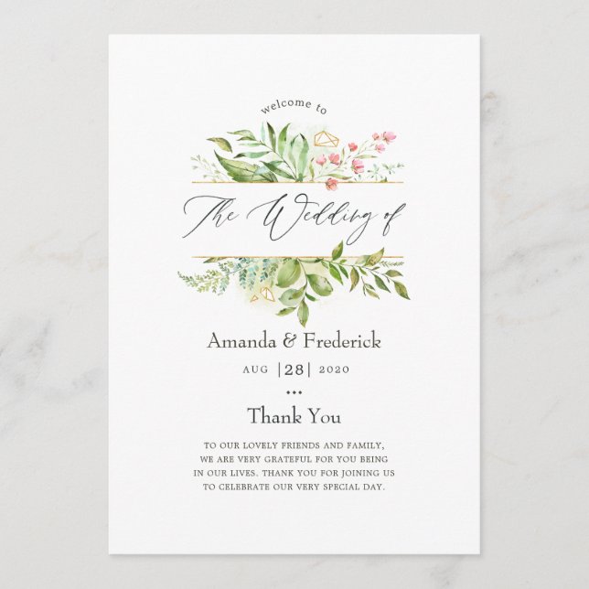 Watercolor Geometric Crystal Greenery Wedding Program (Front)