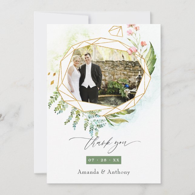 Watercolor Geometric Crystal Wedding Photo Collage Thank You Card (Front)