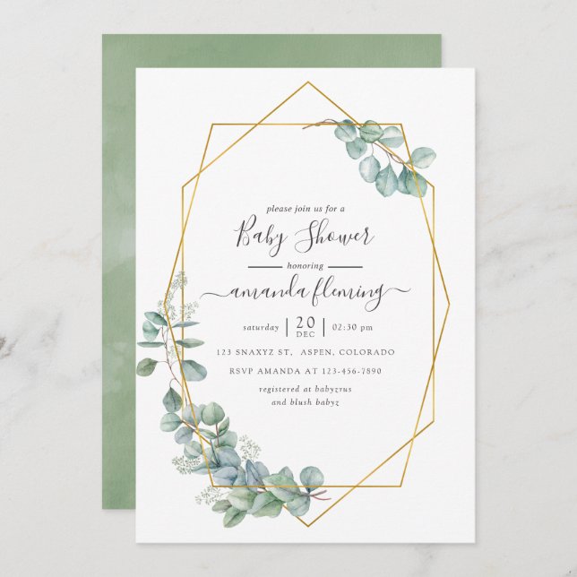 Watercolor Geometric Eucalyptus baby Shower Invitation (Front/Back)