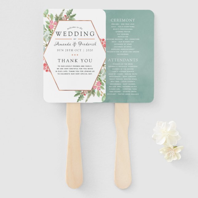 Watercolor Geometric Eucalyptus Christmas Wedding Hand Fan (Front and Back)