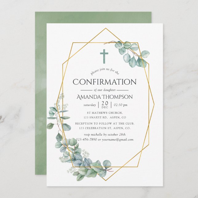 Watercolor Geometric Eucalyptus Confirmation Invitation (Front/Back)