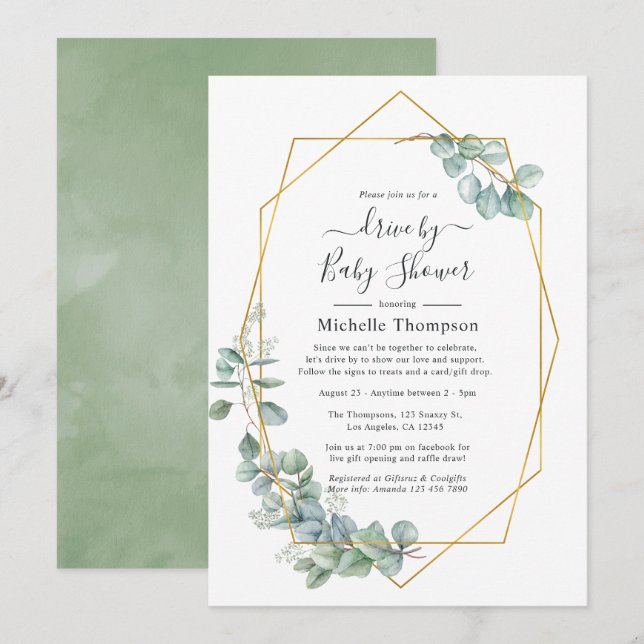 Watercolor Geometric Eucalyptus Drive By Shower Invitation (Front/Back)