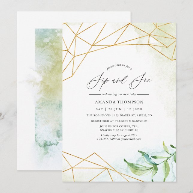 Watercolor Geometric Sip and See Invitation (Front/Back)