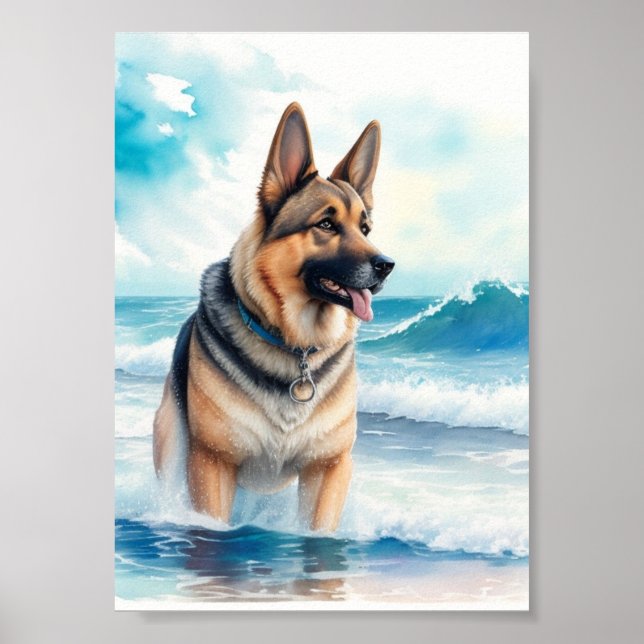 Watercolor German Shepherd at the Beach 3 Poster (Front)