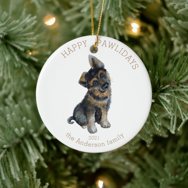 Watercolor German Shepherd Happy Pawlidays Photo Ceramic Ornament (Tree)