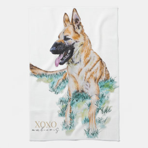 Watercolor German Shepherd Malinois XOXO Tea Towel