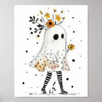 Watercolor Ghost& Sunflowers Whimsical Halloween