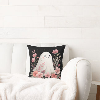 watercolor ghost with pink flowers cushion