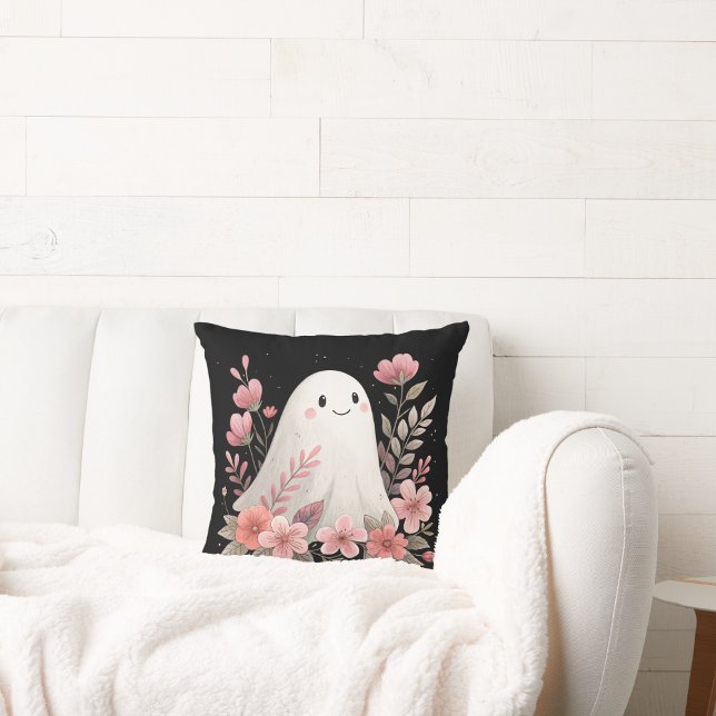 watercolor ghost with pink flowers cushion (Creator Uploaded)