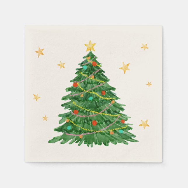 Watercolor Gift Tree Merry Christmas Paper Napkin (Front)
