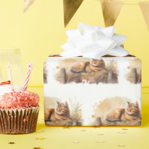 Watercolor Ginger Cat On Hay Wrapping Paper