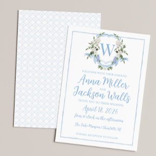 Watercolor Ginger Jar Monogram Crest, Blue White  Invitation