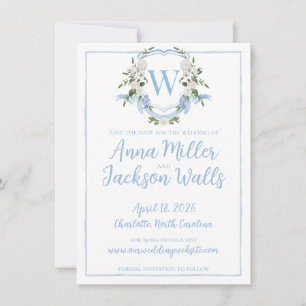 Watercolor Ginger Jar Monogram Crest, Blue White  Save The Date
