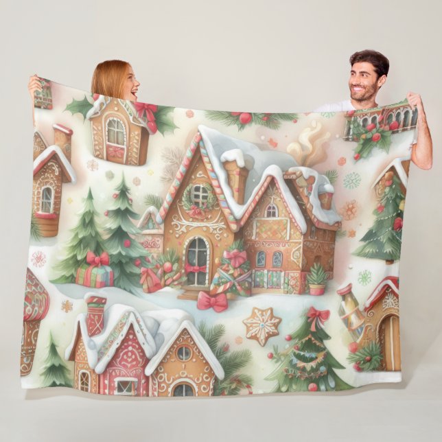 Watercolor Gingerbread Christmas Motifs Holiday Fleece Blanket (In Situ)