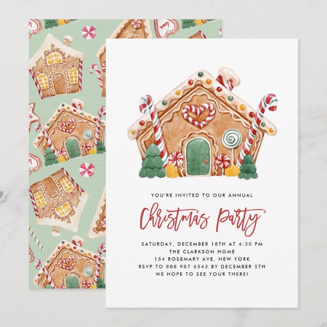 Watercolor Gingerbread House Christmas Party Invitation (Front/Back)