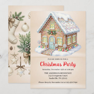 Watercolor Gingerbread House Christmas Party  Invitation