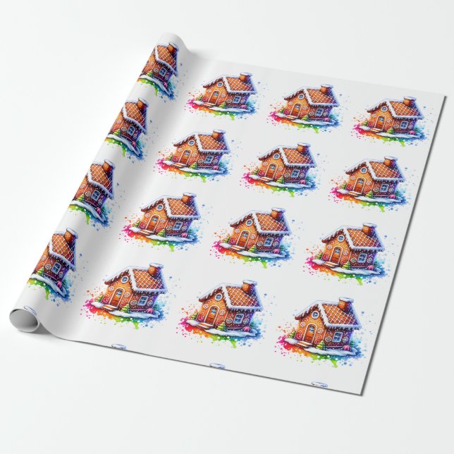 Watercolor Gingerbread House Christmas Wrapping Paper (Unrolled)