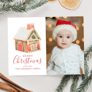 Watercolor Gingerbread House Merry Christmas Photo Holiday Postcard