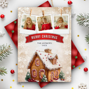 Watercolor Gingerbread House Photo Christmas Holiday Card