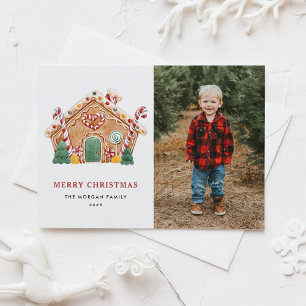 Watercolor Gingerbread House Photo Christmas  Holiday Postcard