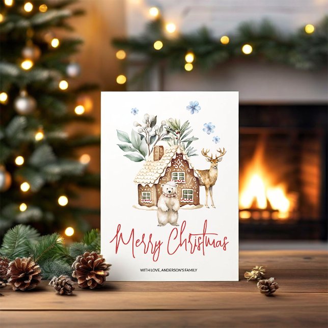 Watercolor Gingerbread House, Polar Bear & Reindee Holiday Card (Creator Uploaded)