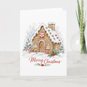 Watercolor Gingerbread House with Candy Canes Card