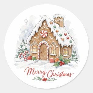 Watercolor Gingerbread House with Candy Canes Classic Round Sticker