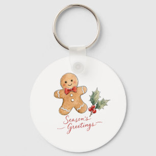 Watercolor Gingerbread Man with Bow Key Ring