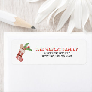 Watercolor Gingerbread Santa Stocking Holiday Card Return Address Label