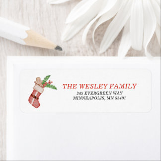 Watercolor Gingerbread Santa Stocking Holiday Card Return Address Label