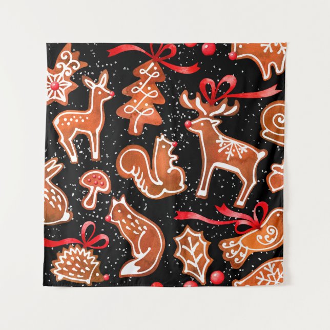 Watercolor gingerbread seamless pattern tapestry (Front)