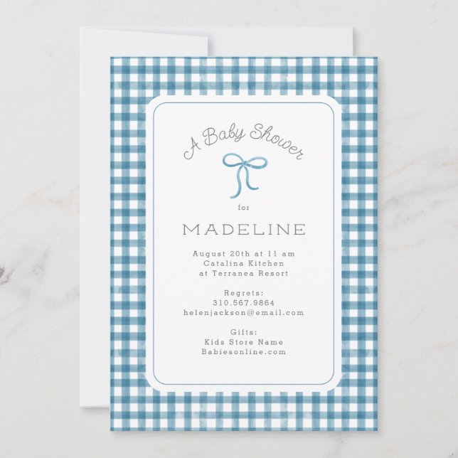 Watercolor Gingham Blue Baby Shower Invitation (Front)