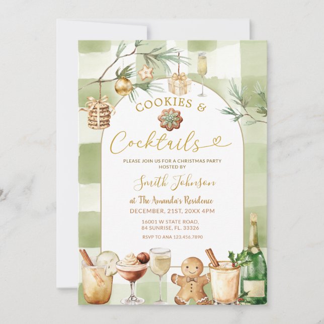 Watercolor Gingham Cocktail and Cookies Winter Invitation (Front)