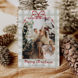 Watercolor Gingham Family Photo Christmas Holiday Card