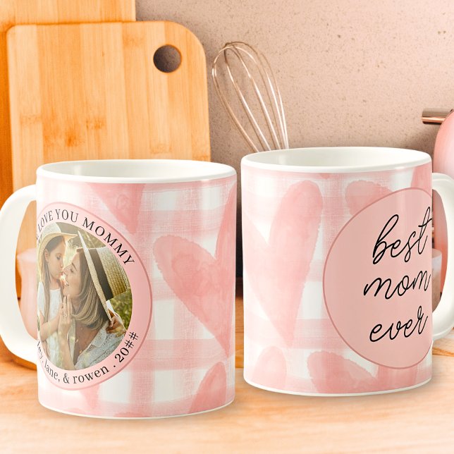 Watercolor Gingham Hearts Mother's Day Photo Coffee Mug (Creator Uploaded)