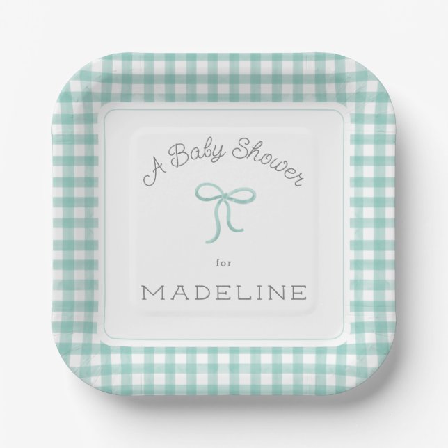 Watercolor Gingham Mint Green Baby Shower Paper Plate (Front)